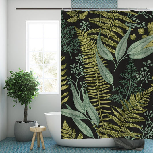 Botanical Leaf Modern Fabric Bathroom Curtains with Hooks