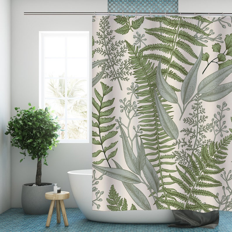 Botanical Leaf Modern Fabric Bathroom Curtains with Hooks