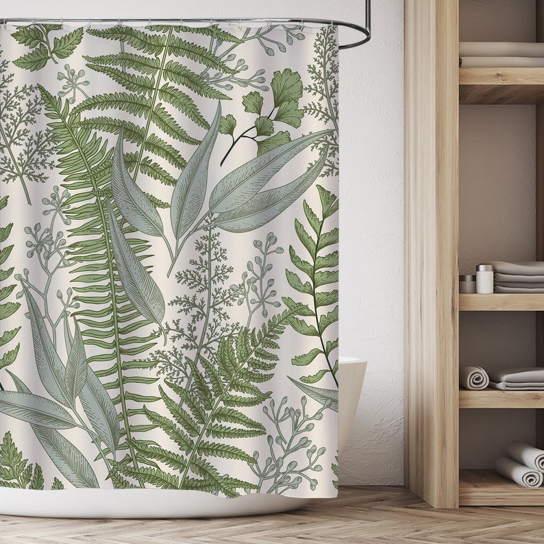 Botanical Leaf Modern Fabric Bathroom Curtains with Hooks