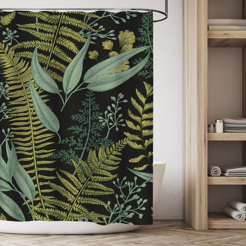 Botanical Leaf Modern Fabric Bathroom Curtains with Hooks