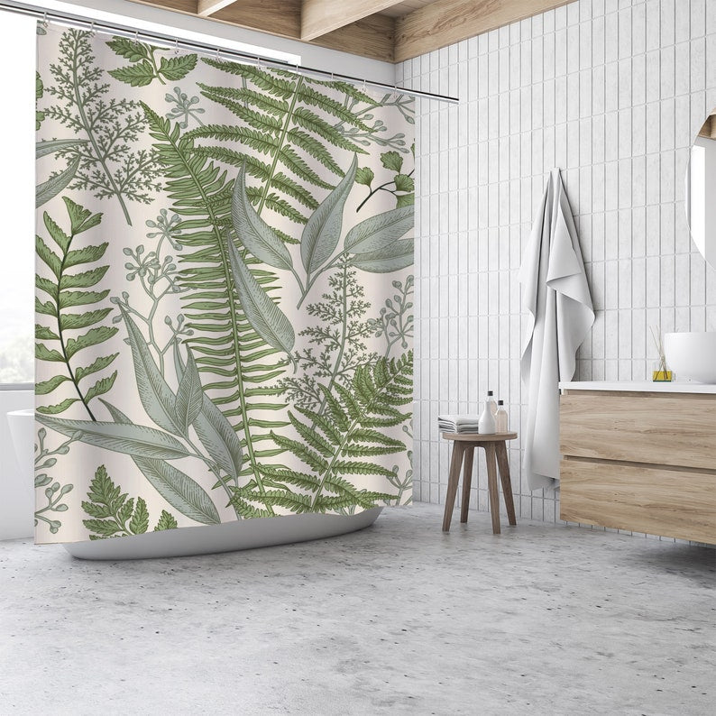 Botanical Leaf Modern Fabric Bathroom Curtains with Hooks